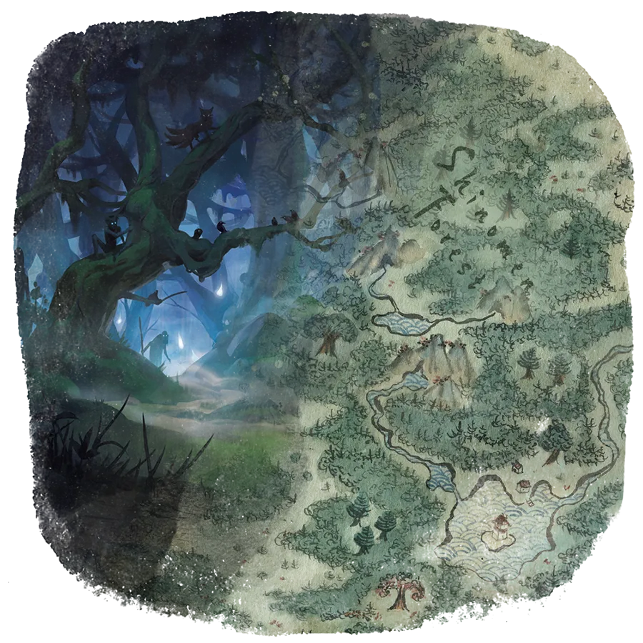 A composite of an illustration of the Shinomen Forest and a map of the region.