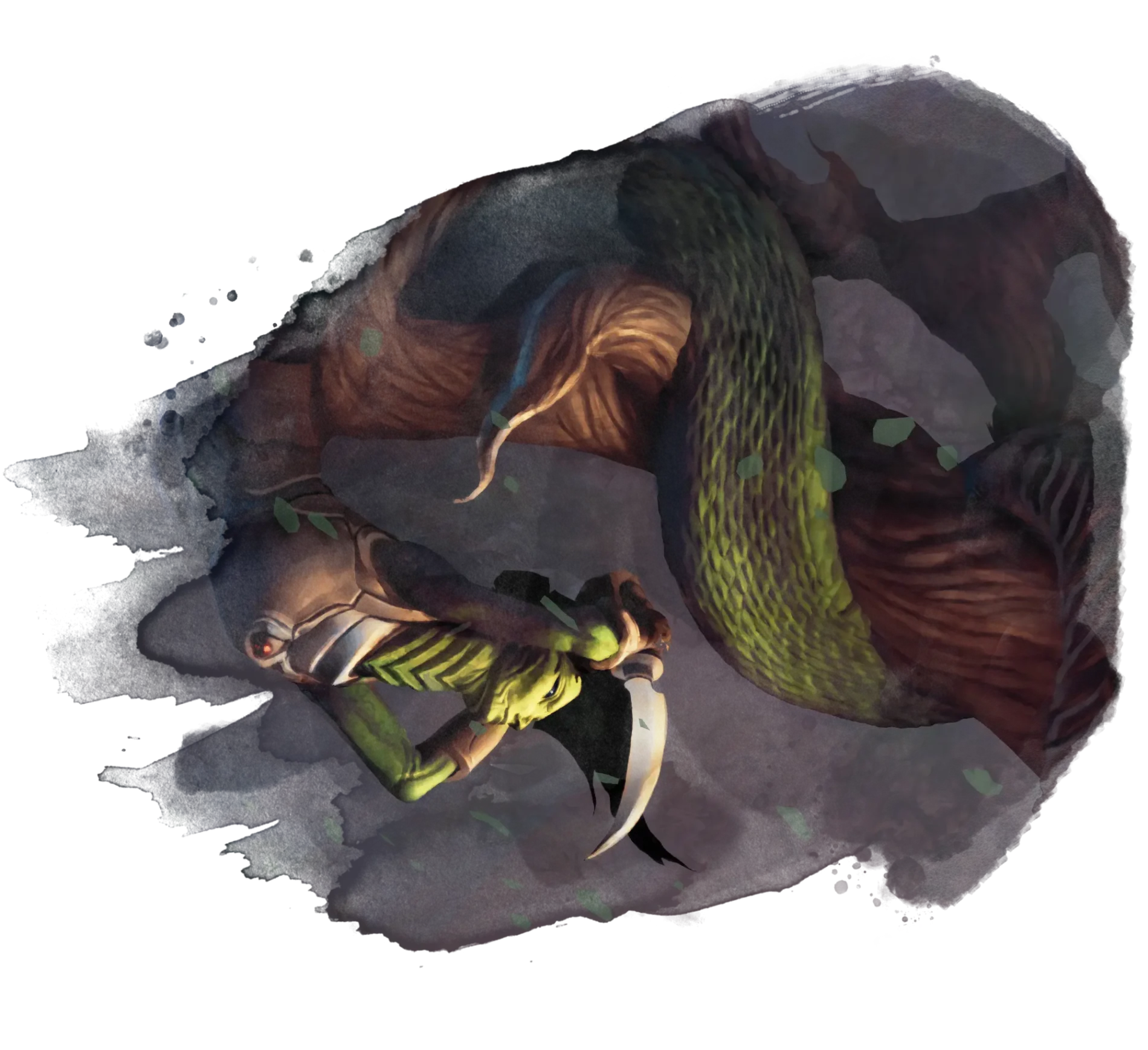 Naga coiled around a tree branch with knife