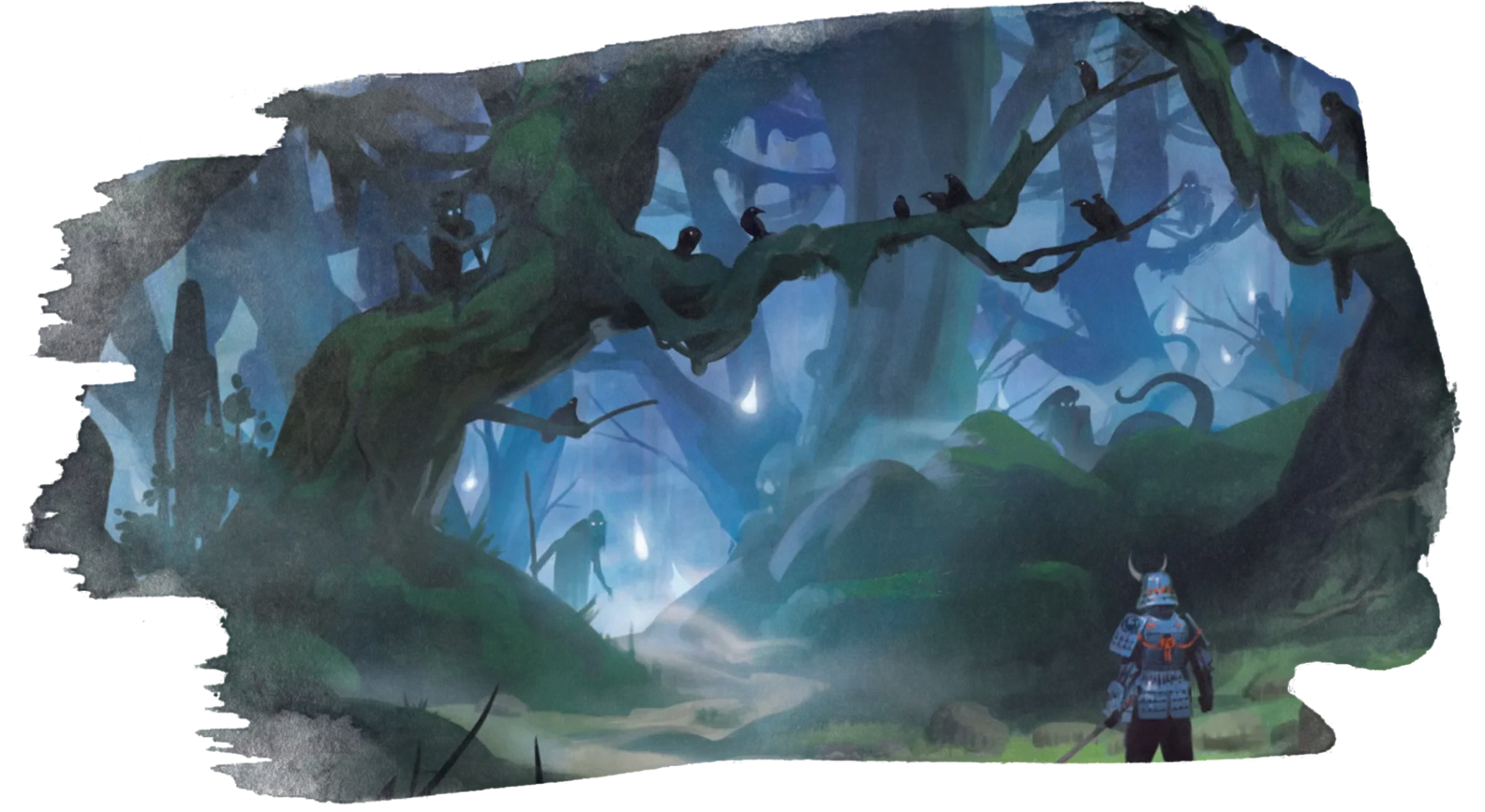An illustration of the Shinomen Forest and the spirits who dwell there.