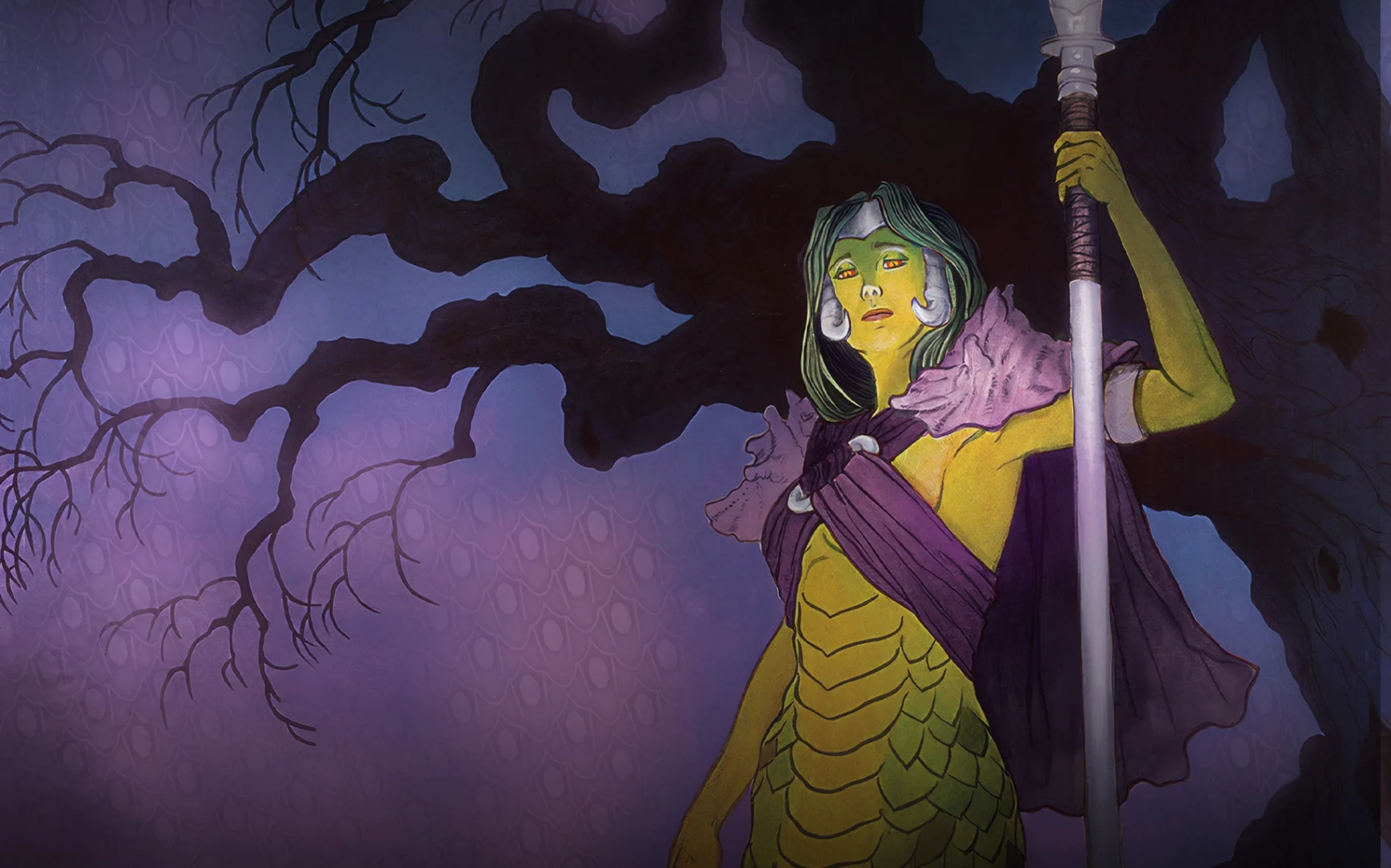 The Greensnake naga known as the Mara waits watchfully in a tree.