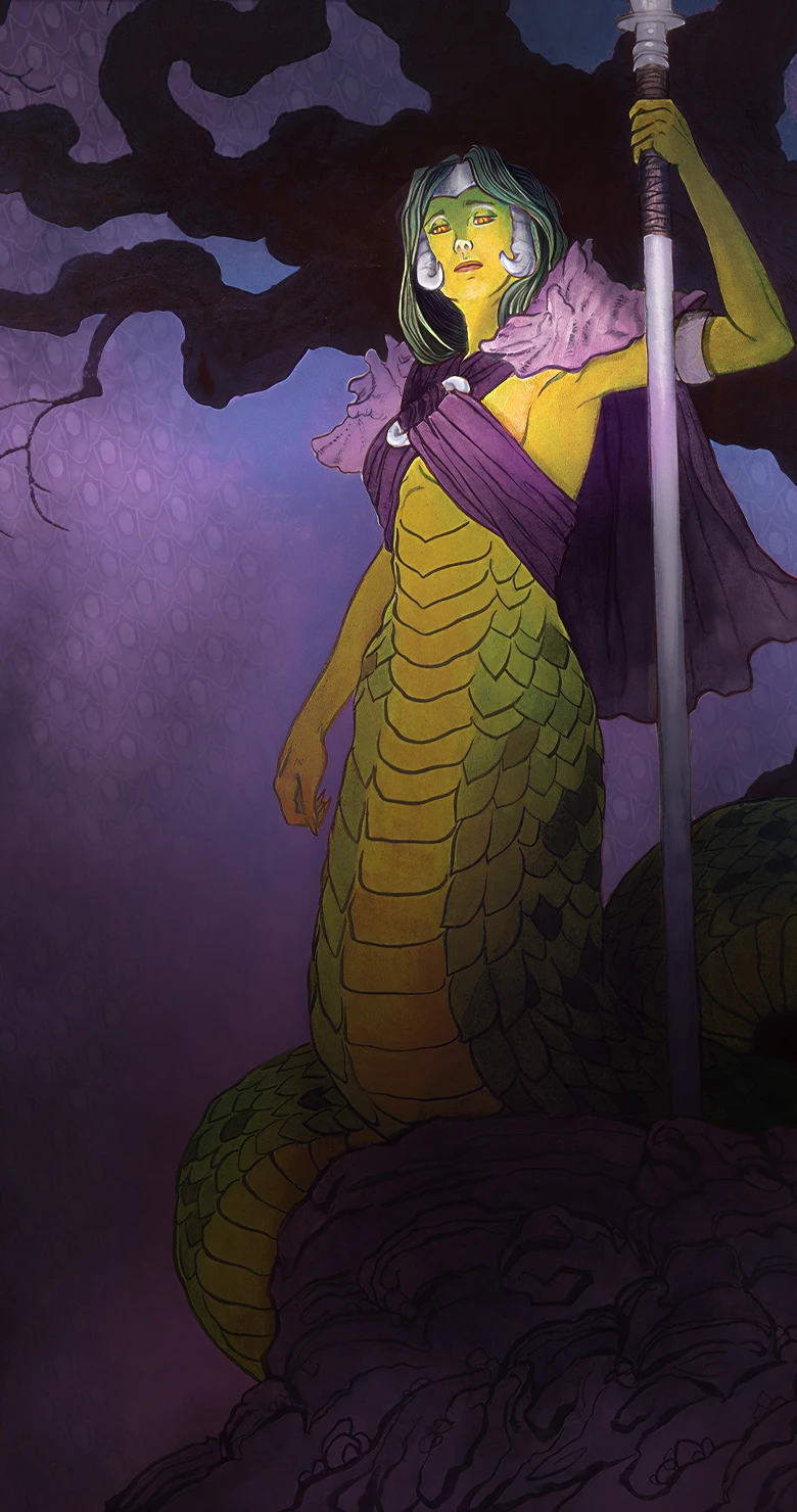 The Greensnake naga known as the Mara waits watchfully in a tree.
