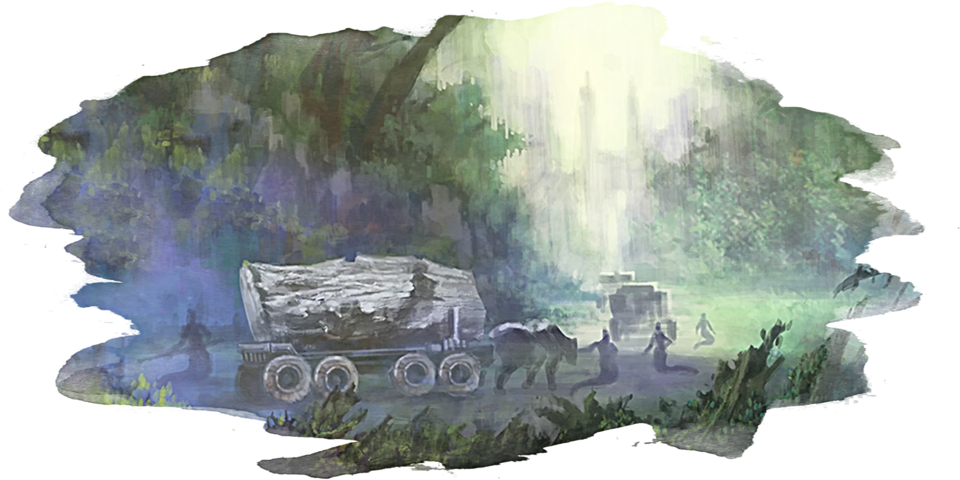 Loggers in the Shishomen transport trees on large drawn carts.