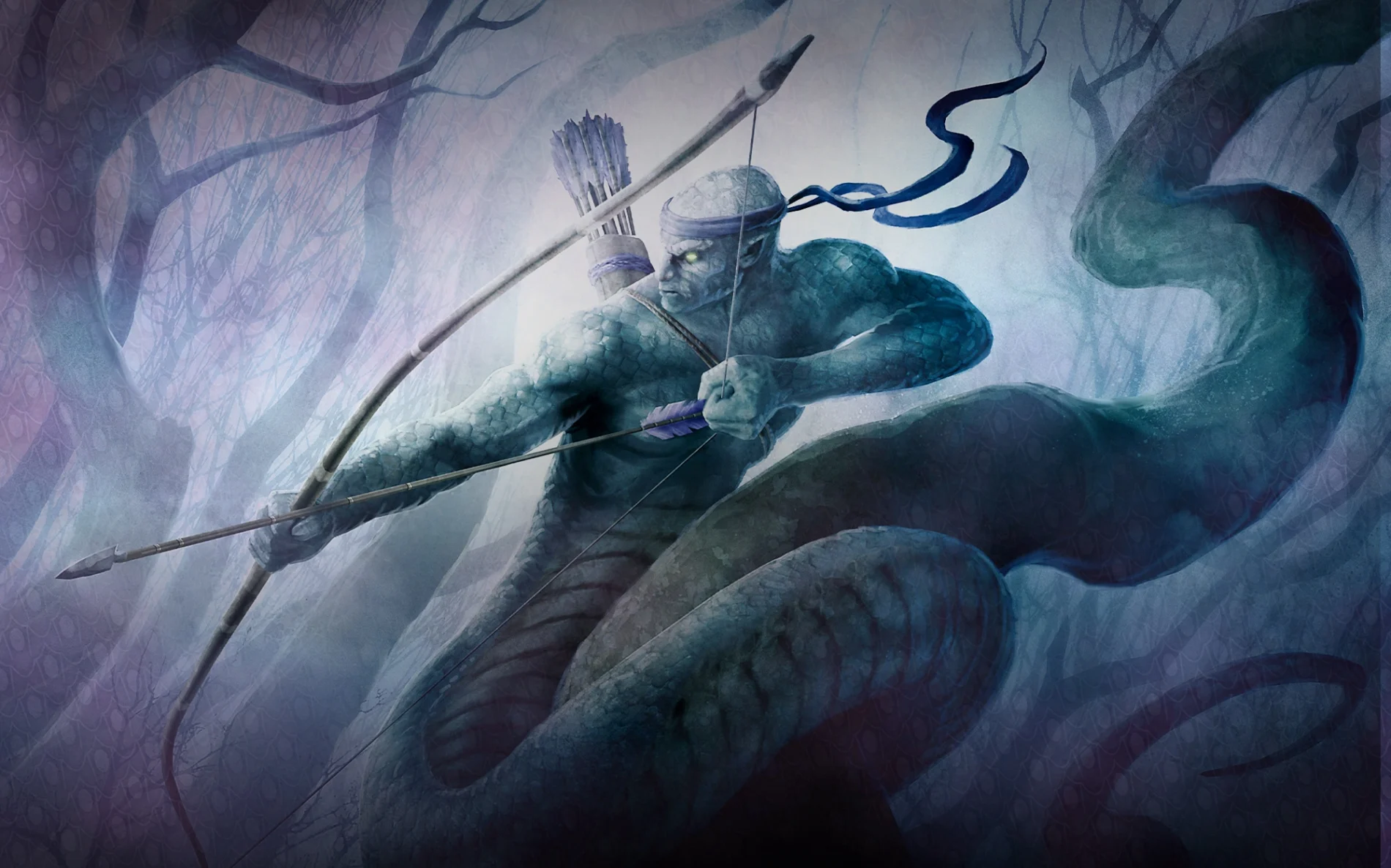 A naga warrior draws his bow.