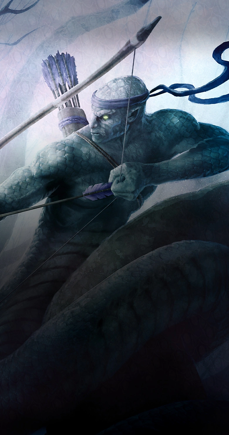 A naga warrior draws his bow.