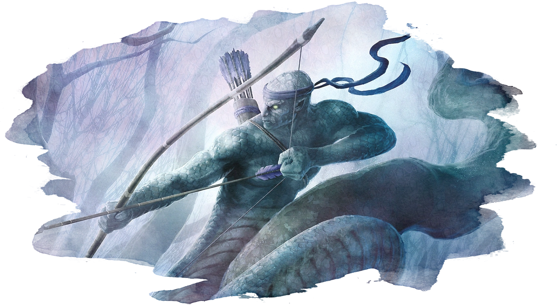 A naga warrior draws his bow.