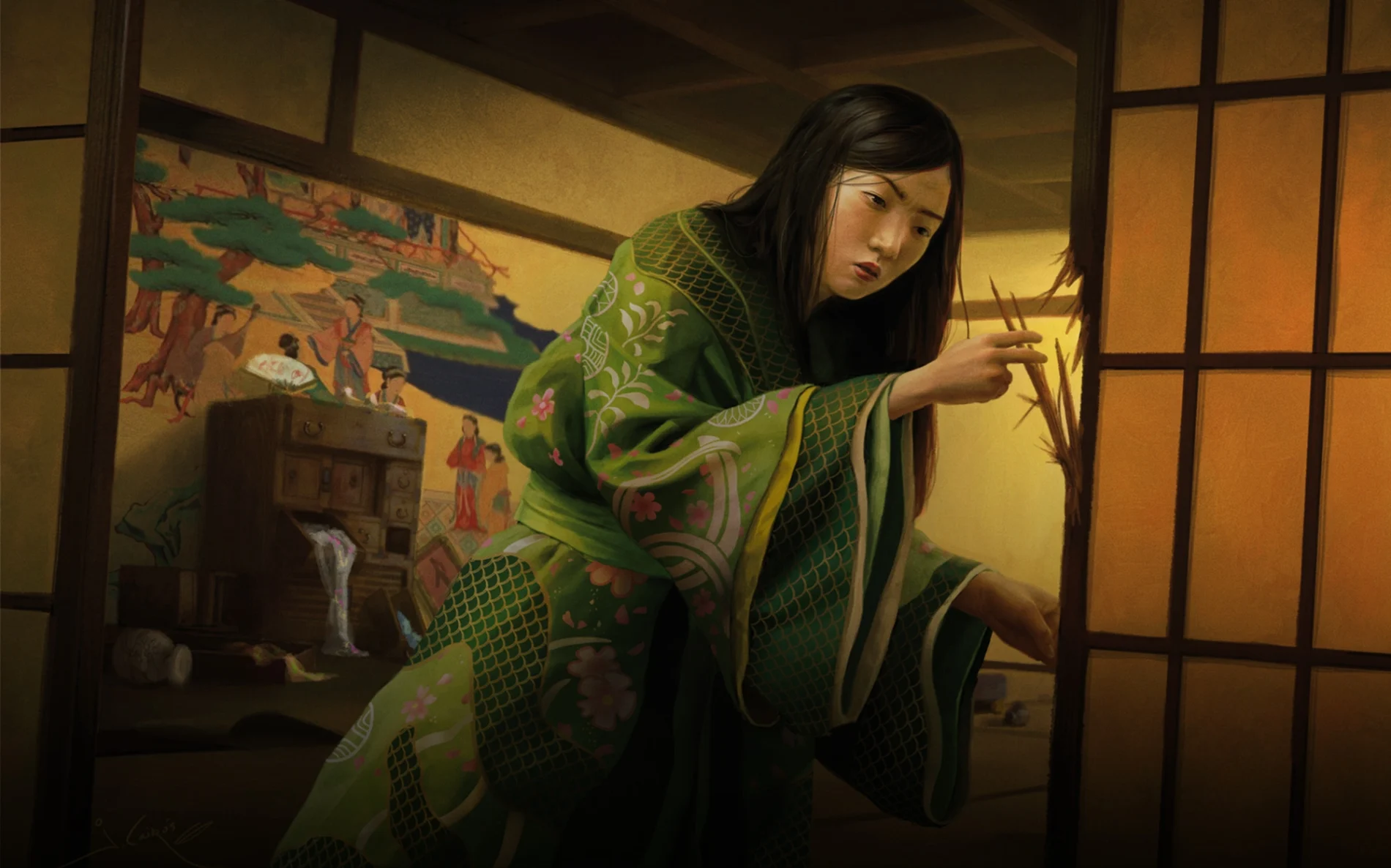 A woman in a kimono inspects the damaged door of a ransacked dwelling.
