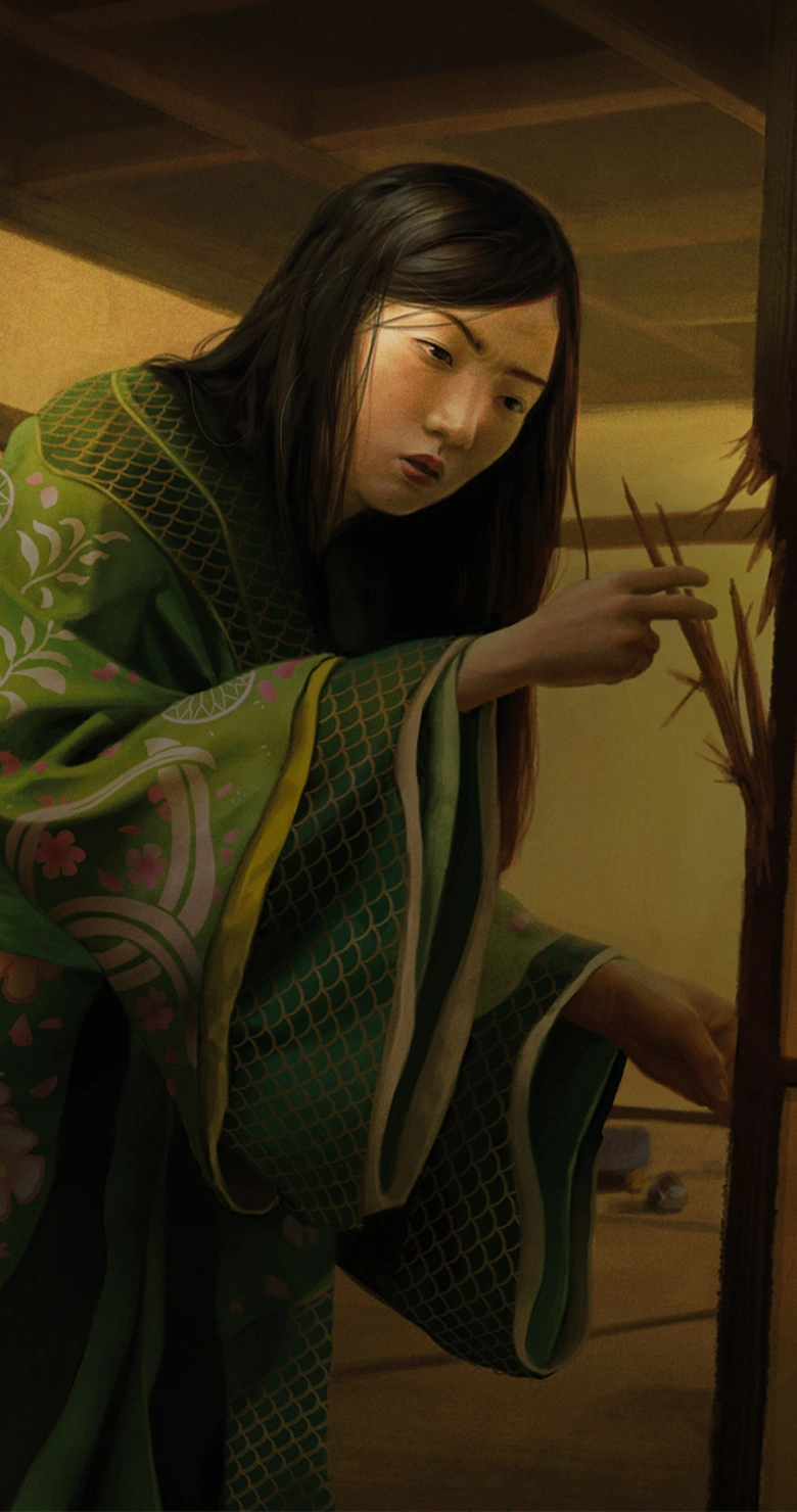 A woman in a kimono inspects the damaged door of a ransacked dwelling.