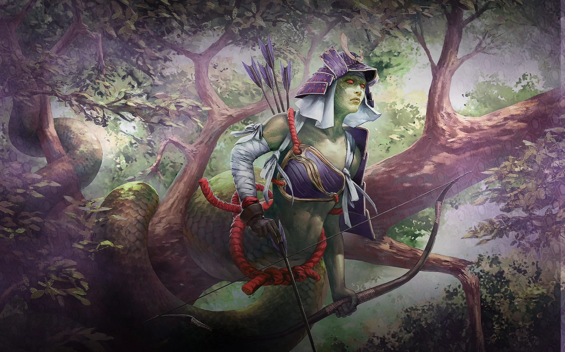 A naga archer waits in a tree, her tail coiled around a branch.