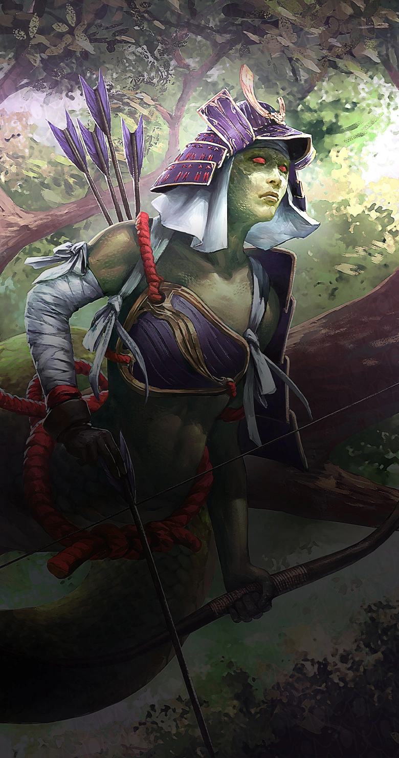 A naga archer waits in a tree, her tail coiled around a branch.