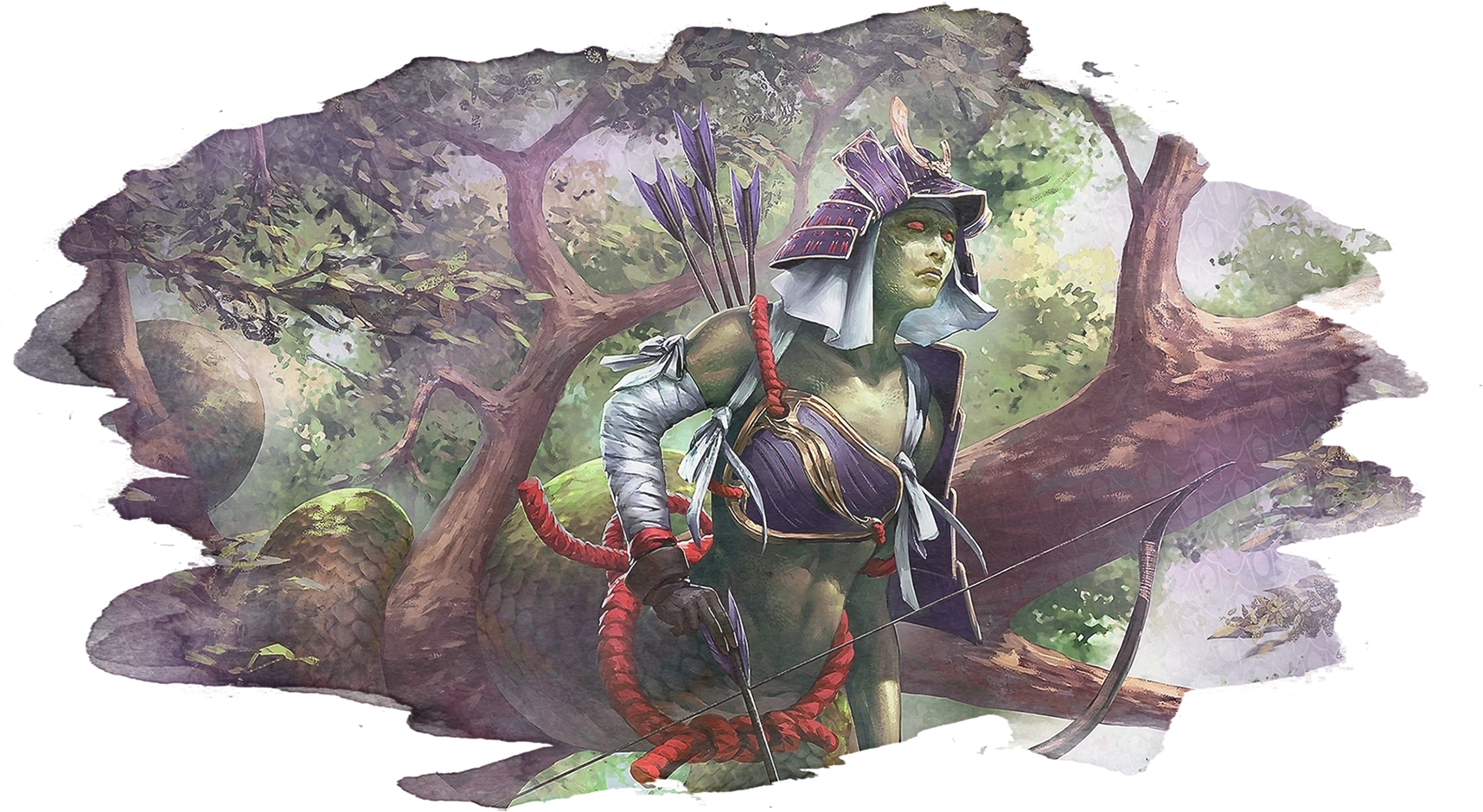 A naga archer waits in a tree, her tail coiled around a branch.