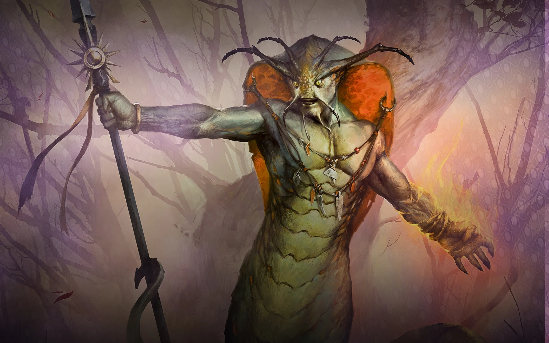 The cobra naga, the Shashakar bears a staff and flames rise from his left hand.