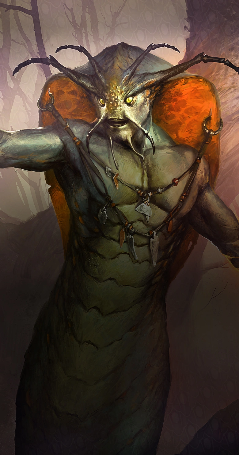 The cobra naga, the Shashakar bears a staff and flames rise from his left hand.