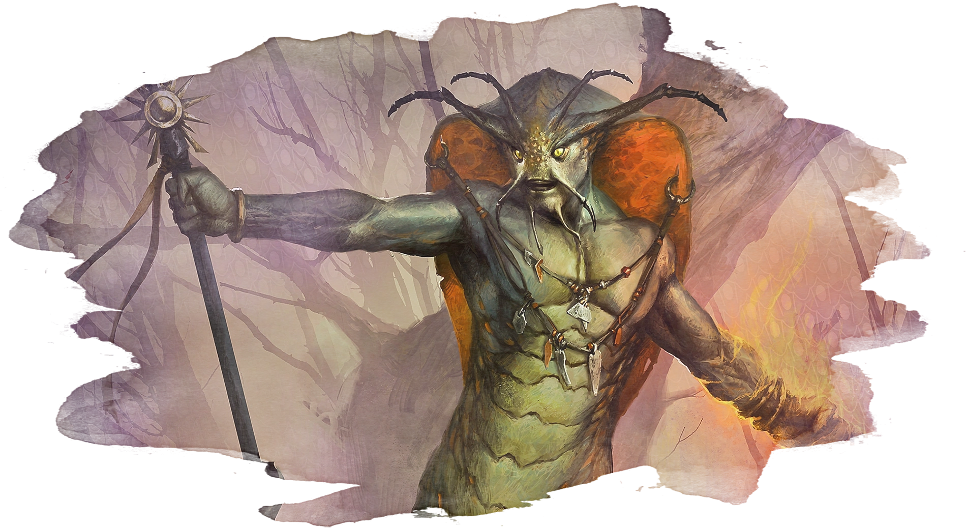 The cobra naga, the Shashakar bears a staff and flames rise from his left hand.