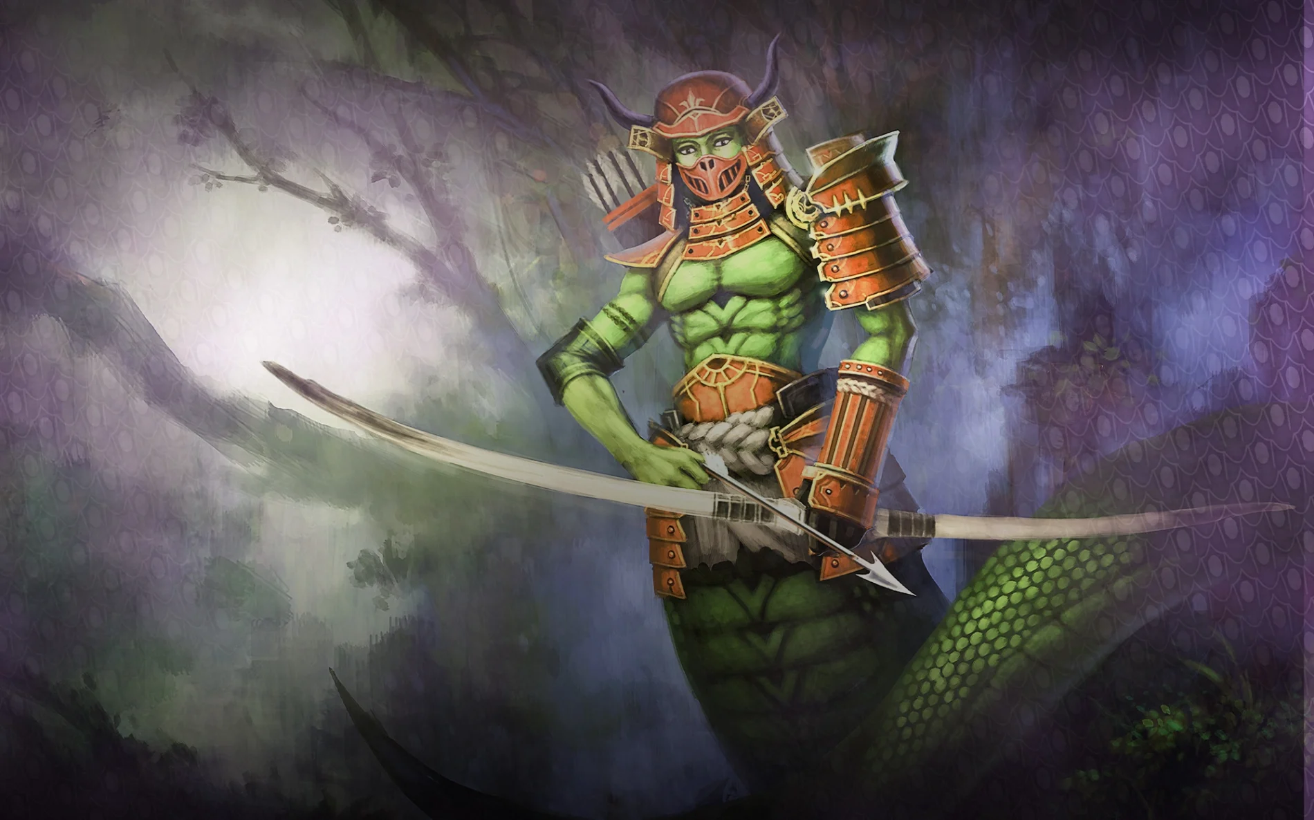 A lightly armored naga archer prepares for defence.