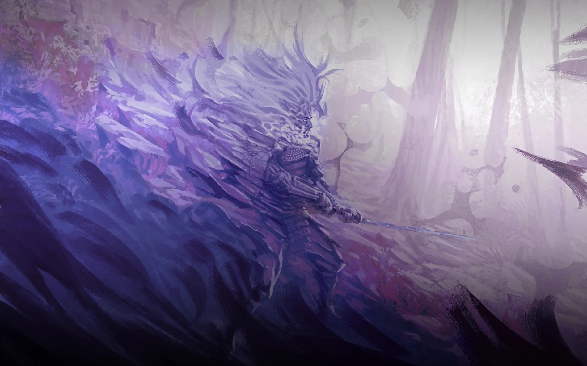 A ghost samurai prowls through the forest.