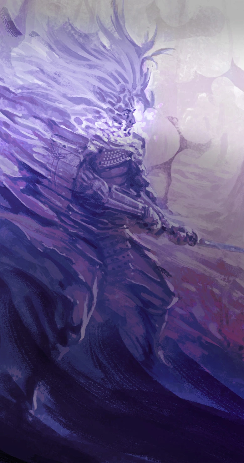 A ghost samurai prowls through the forest.