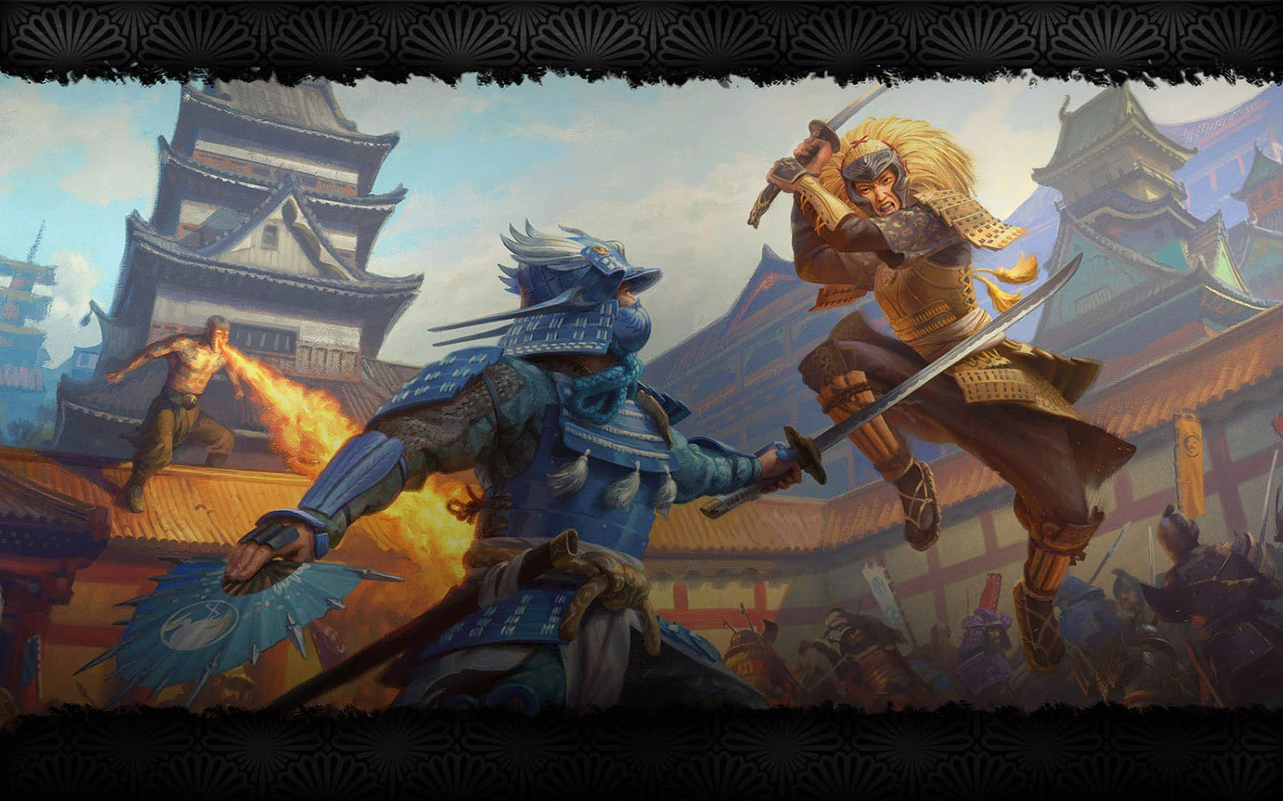 A Lion samurai leaps into attack against a Crane warrior.