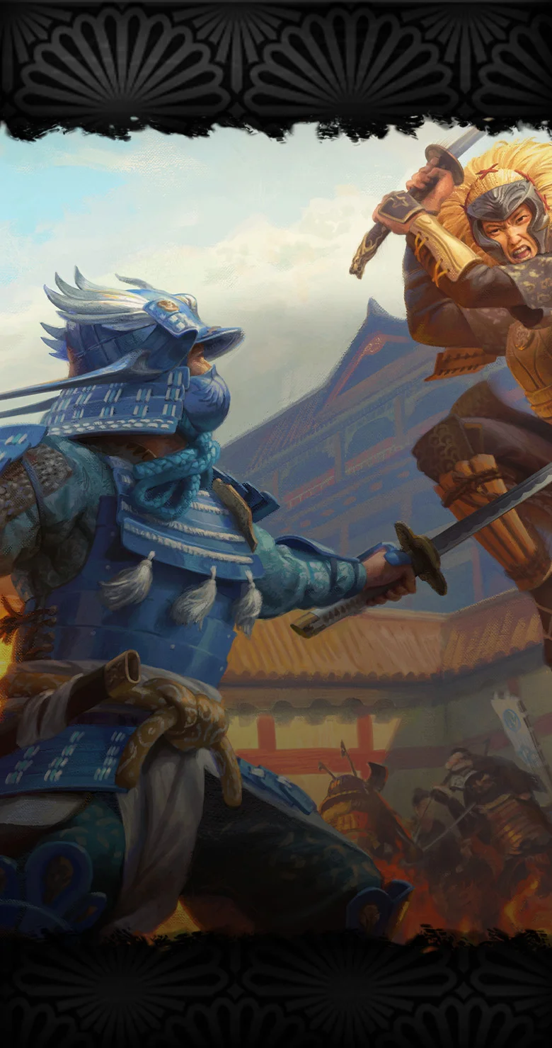 A Lion samurai leaps into attack against a Crane warrior.