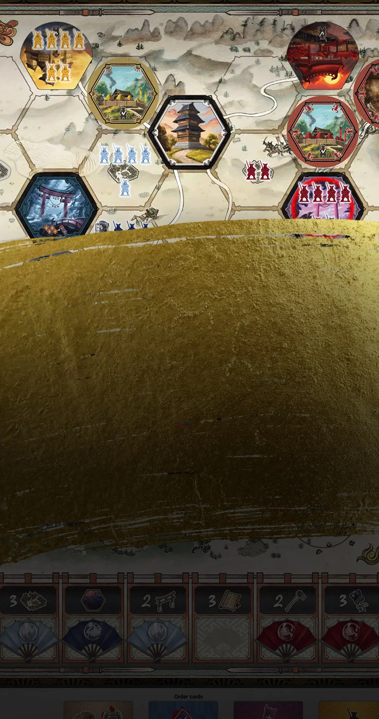 Gunsen board gameplay on BGA with gold brushstroke overlay