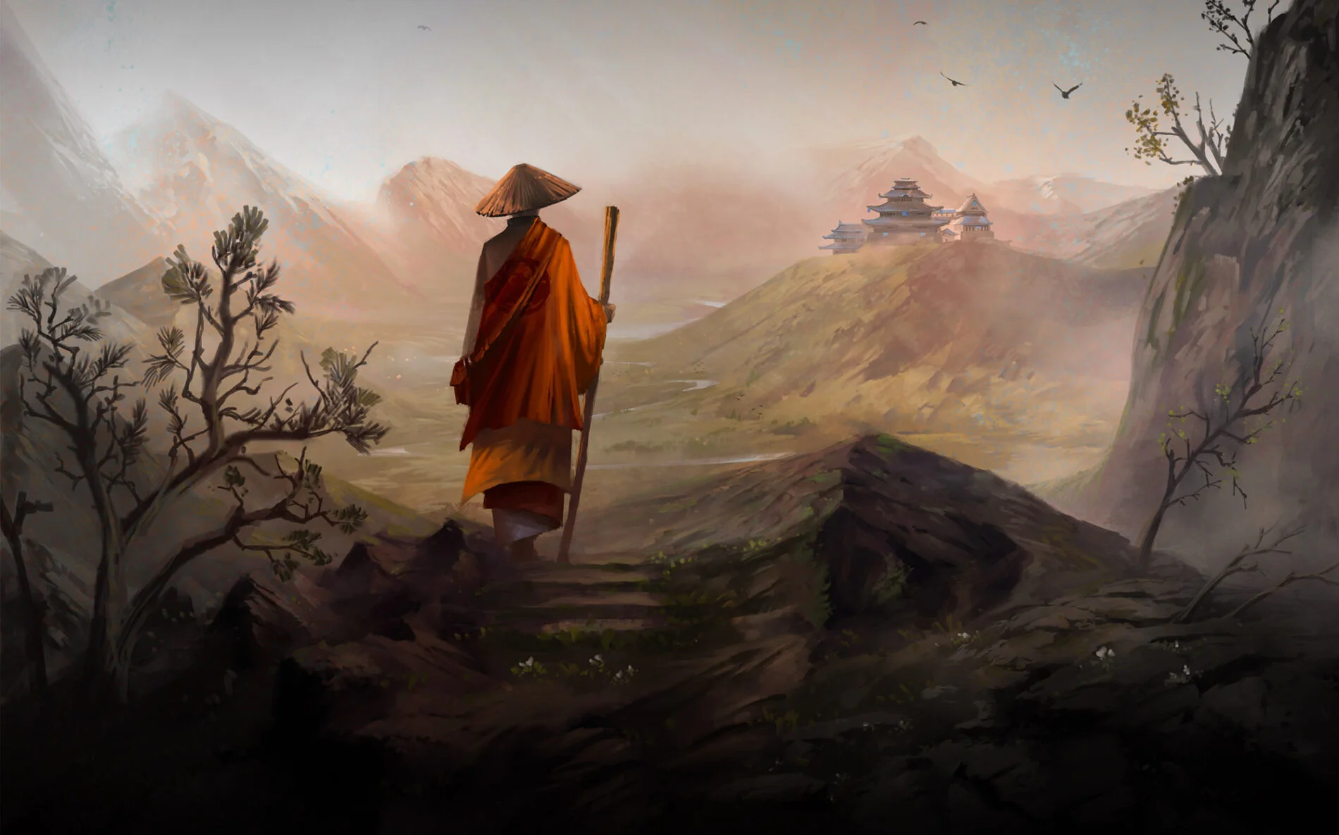A Phoenix Clan monk hiking through Rokugan.