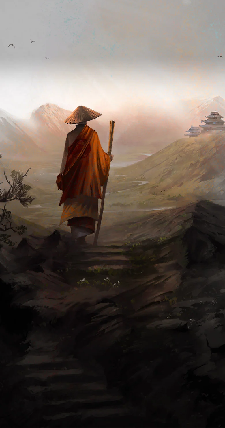 A Phoenix Clan monk hiking through Rokugan.