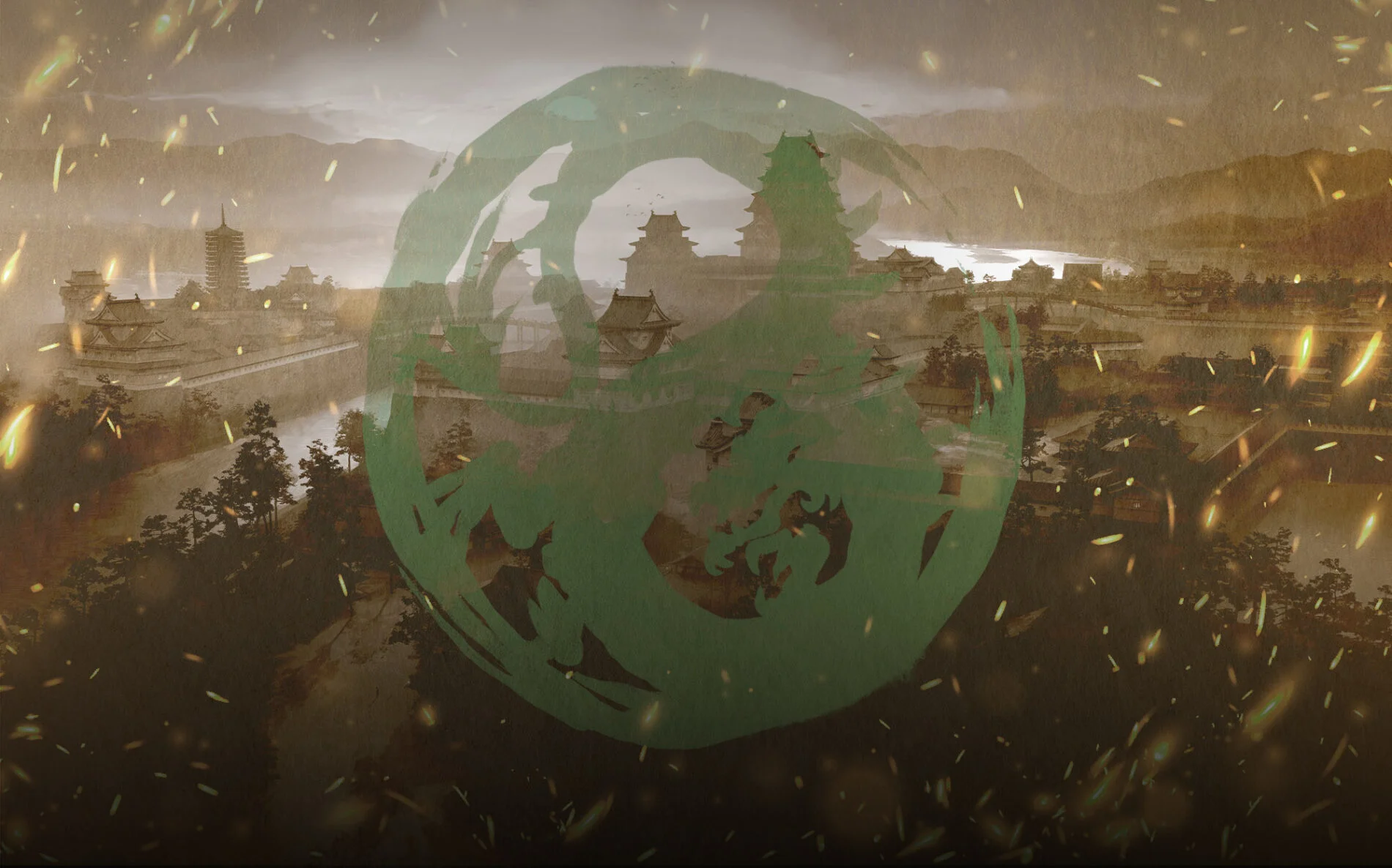 Dragon clan mon atop an image of Toshi Ranbo on parchment with sparks flying around the edges