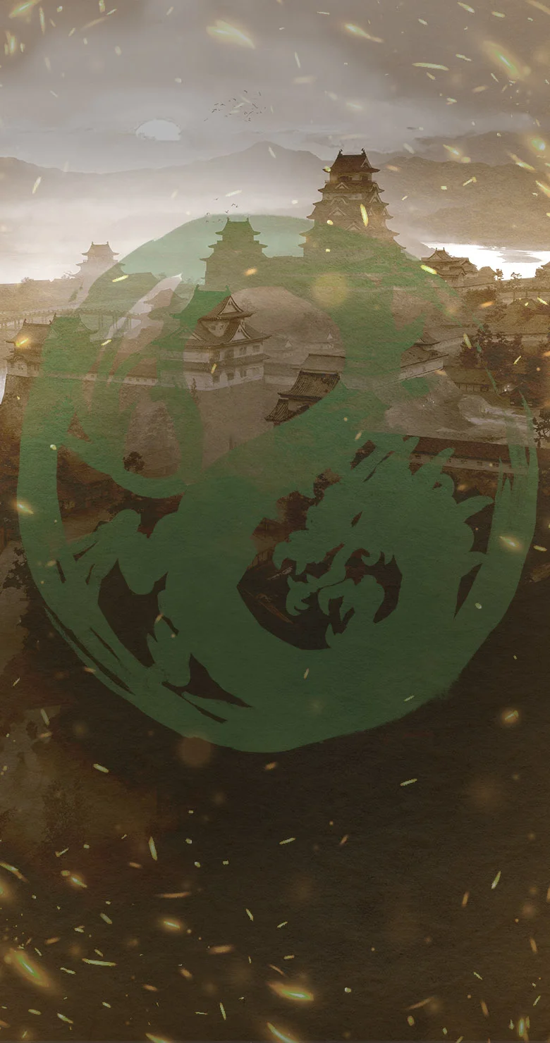 Dragon clan mon atop an image of Toshi Ranbo on parchment with sparks flying around the edges