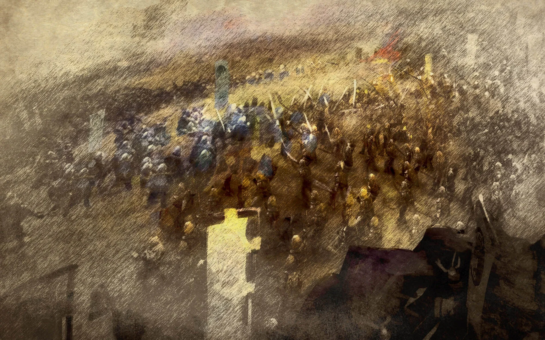 An illustration of the Crane and Lion clans fighting in a battle.