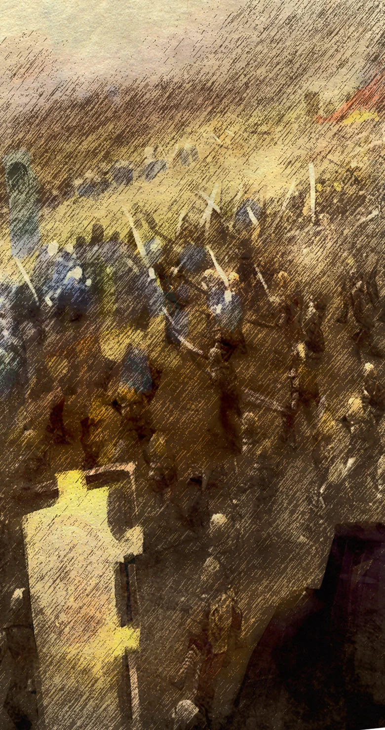An illustration of the Crane and Lion clans fighting in a battle.