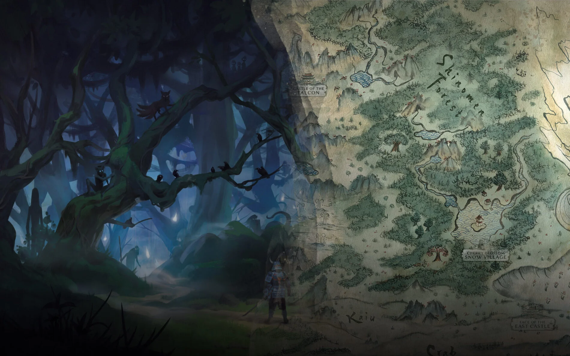 A composite of an illustration of the Shinomen Forest and a map of the region.