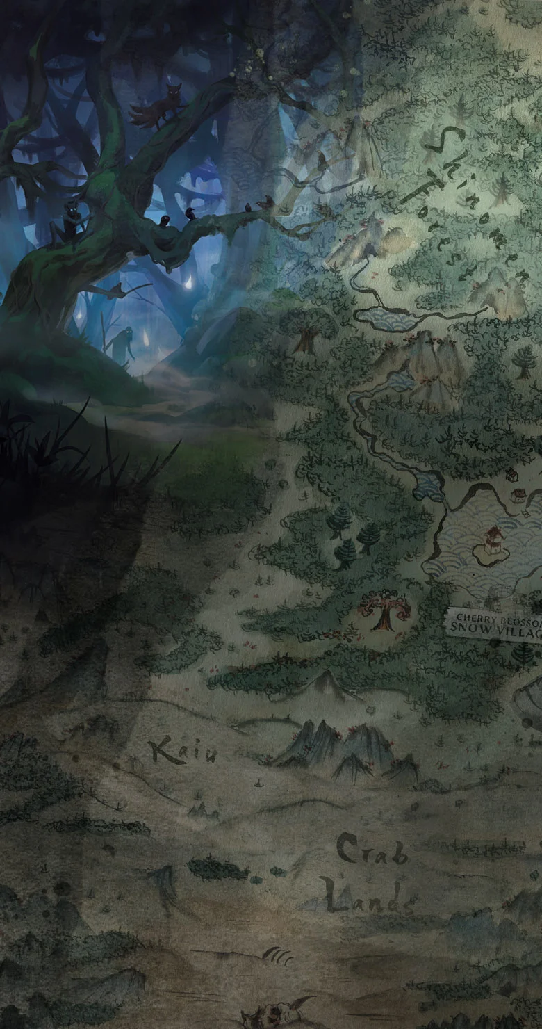 A composite of an illustration of the Shinomen Forest and a map of the region.