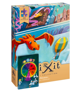 Boite Puzzle Dixit Adventure. Image avec dragon et montgolfiere, accompagné de la carte exclusive du puzzle